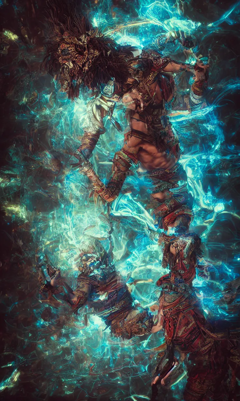 Prompt: An epic fantasy comic book style portrait painting of a wild shaman tripping on Ayahuasca, Shipibo patterns made of lasers, fisheye lens, unreal 5, DAZ, hyperrealistic, octane render, cosplay, RPG portrait, dynamic lighting