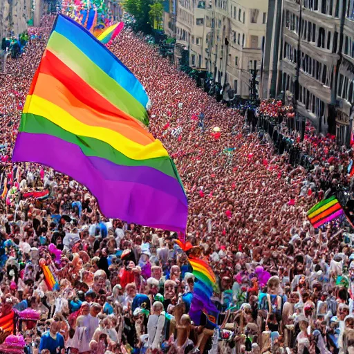 Prompt: putin in a pride parade lifted by large hairy men, film still, photography, high detail, 8 k, 4 k, focused