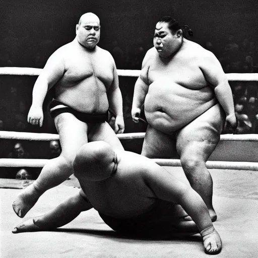 Image similar to sumo wrestling match between count orlok and bela lugosi