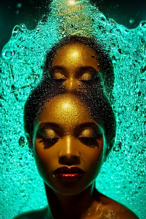 Prompt: hyperrealistic postrococo cinematic very expressive! black oshun goddess, in water up to her shoulders, mirror dripping droplets!, gold flowers, highly detailed face, digital art masterpiece, smooth eric zener cam de leon dramatic pearlescent volumetric teal light, high angle uhd 8 k, sharp focus