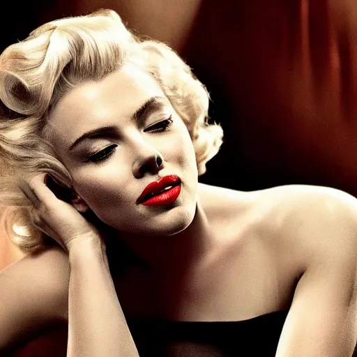 Image similar to stunning awe inspiring scarlett johansen as marilyn monroe, movie still 8 k hdr atmospheric lighting