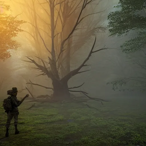 Image similar to a photo of soldier stand across huge alien arachnoid bug, old road in the forest lomography photo, playstation 5 screenshot, fine details, rain, rtx reflections, fog, night, photorealistic, unreal engine, octane render, volumetric light, featured on cg society, 4 k, 5 0 mm bokeh