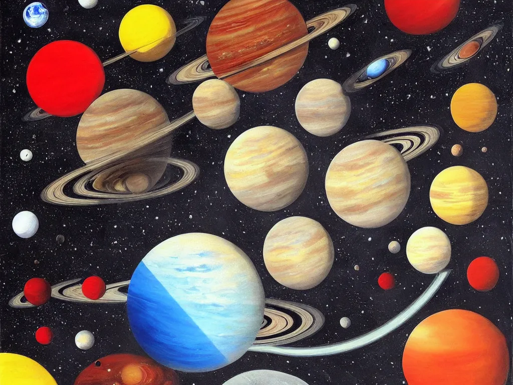 Image similar to A beautiful painting of five planets by Gioele Muscolino and Daniel Oxford, five planets that are black, white, yellow, red, and blue, behind the galaxy and the universe, Trending on artstation, By Emmanuel Lubezki