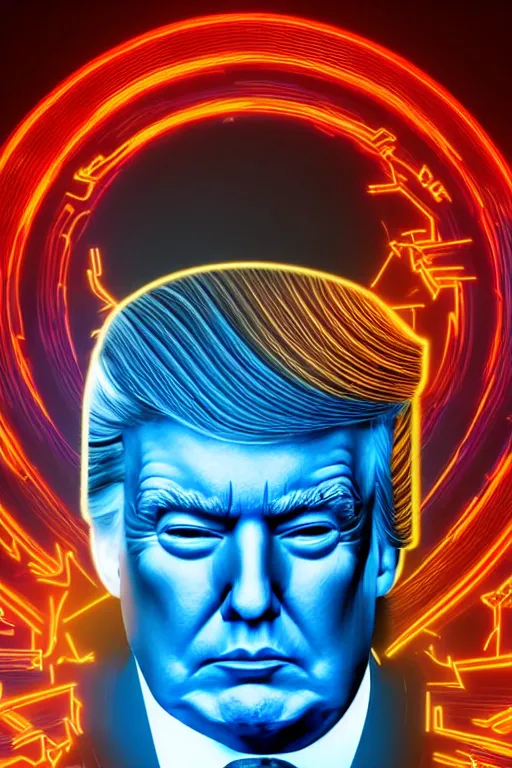 Image similar to portrait of cyber donald trump, futuristic style, neon lights, fog volumetrics, cyborg futuristic sci - fi