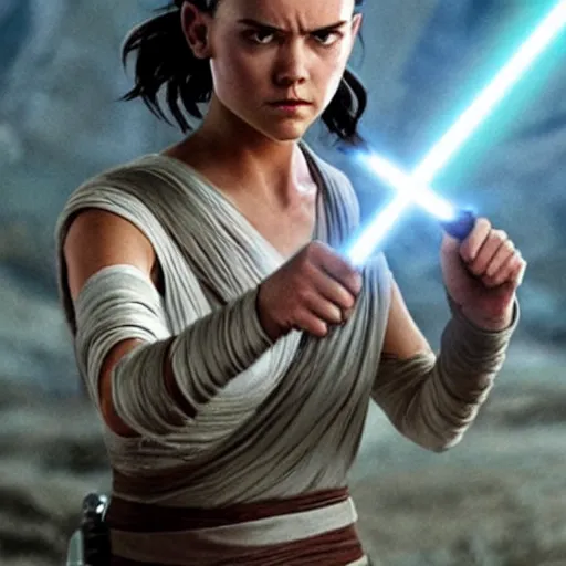 Image similar to Rey from Star Wars twenty years older as a Jedi Master