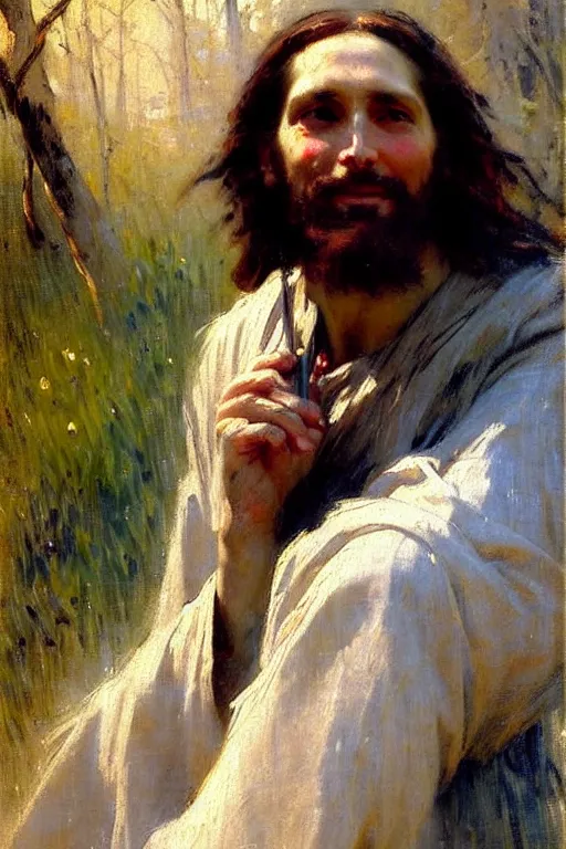 Image similar to impressionist brushstrokes!!!!!!!!! solomon joseph solomon and richard schmid and jeremy lipking victorian loose genre loose painting full length portrait painting of jesus with a slight smile happy inviting