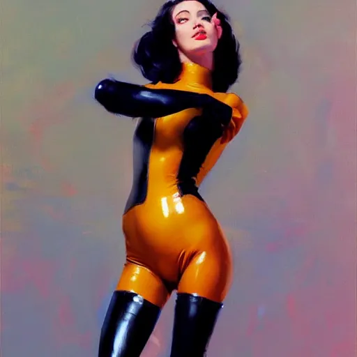 Image similar to greg manchess painting of of a female wearing a latex suit, painting, trending on artstation, by huang guangjian and gil elvgren and sachin teng