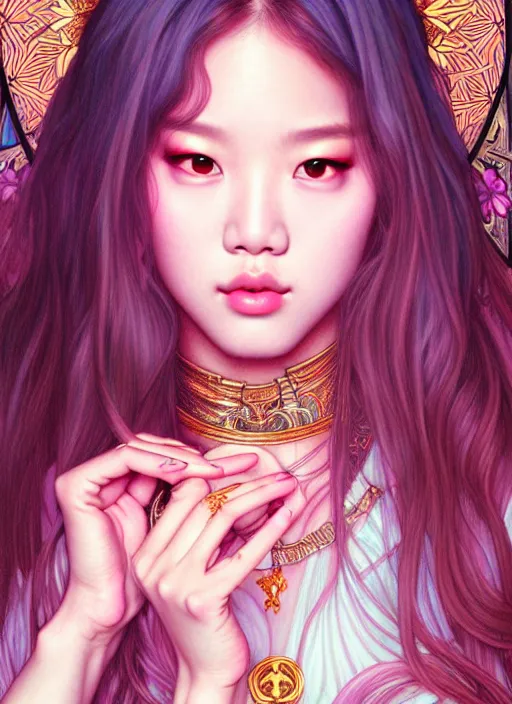 Image similar to jennie manoban of blackpink, tarot card, highly detailed, digital painting, smooth, sharp focus, illustration, ultra realistic, 8 k, art by artgerm and alphonse mucha