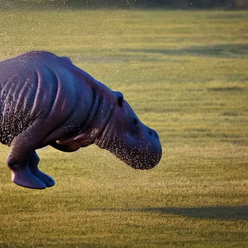 Prompt: a hippopotamus flying over a field, award winning photography