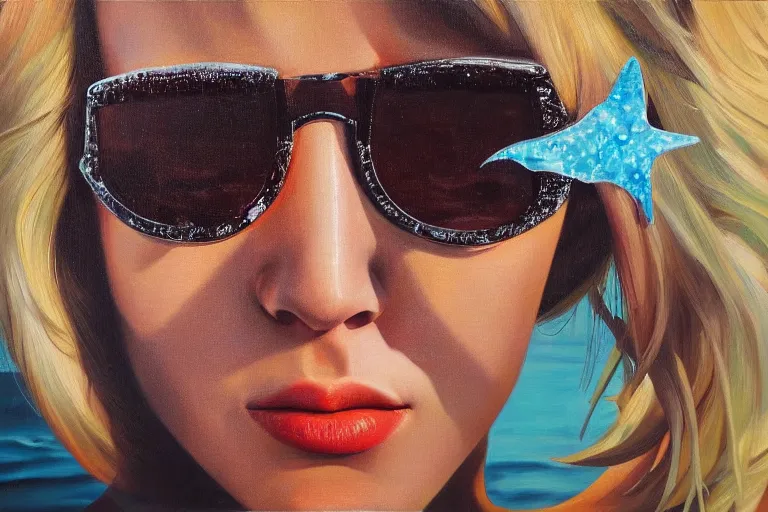 Prompt: hyperrealism oil painting, close-up portrait of gorgeous fashion model, Wayfarers, melted cyborg, ocean pattern mixed with star sky, in style of classicism mixed with 70s japan book art