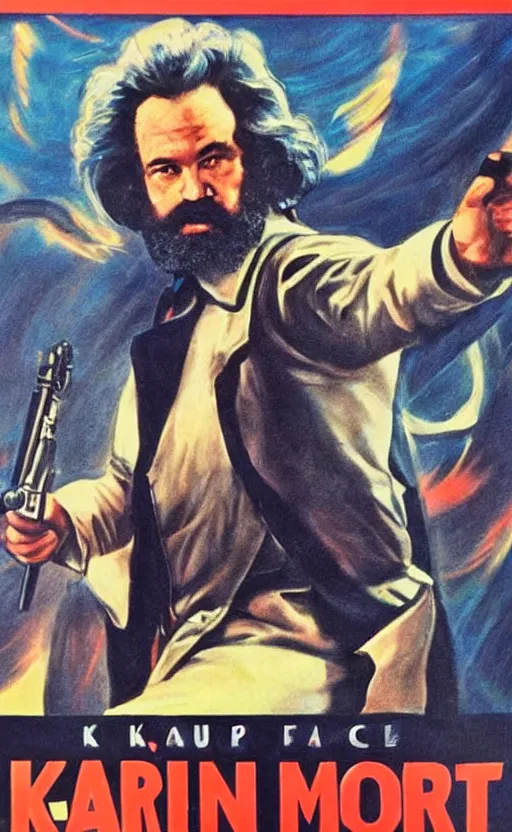 Image similar to full 70s action movie poster with Karl Marx in kung fu pose, drawing 4k, grainy picture cinematic dramatic light