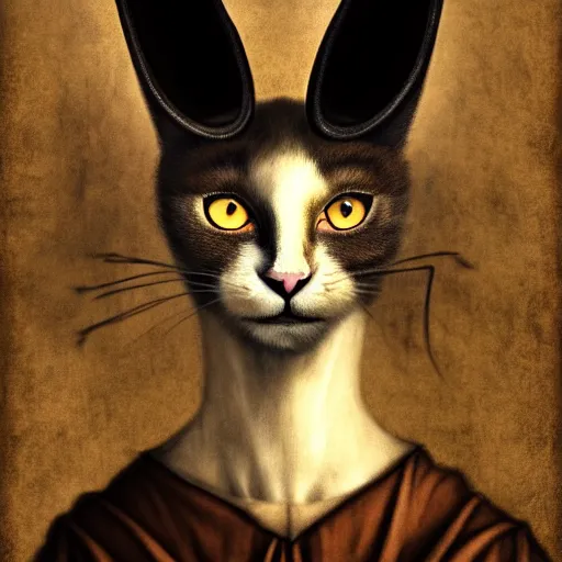 Image similar to a standing cat that has goat horns, anthropomorphic cat wearing dark robes, matte oil painting, by leonardo da vinci, eldritch, magical, fog, noble, full body portrait, extremely detailed, cult, ritual, 4 k, 8 k