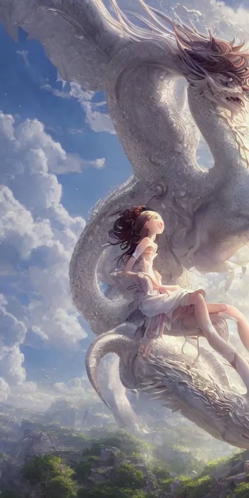 Image similar to the beautiful hyper detailed portrait render that a beautiful princess sitting on the back of a huge silver white dragon alone in fairyland surrounded by white clouds, finely detailed angelic face delicate features, style of studio ghibli, makoto shinkai, raphael lacoste, artgerm, james jean, ross tran, animation style, hd, ultra wide angle