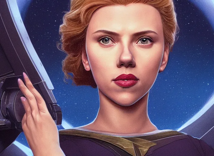 Image similar to a disney film still of scarlett johansson as a star trek officer, finely detailed features, closeup of the face, perfect art, dusk, blue hour, gapmoe yandere grimdark, trending on pixiv fanbox, painted by greg rutkowski, makoto shinkai, takashi takeuchi, alphonse mucha, akihiko yoshida