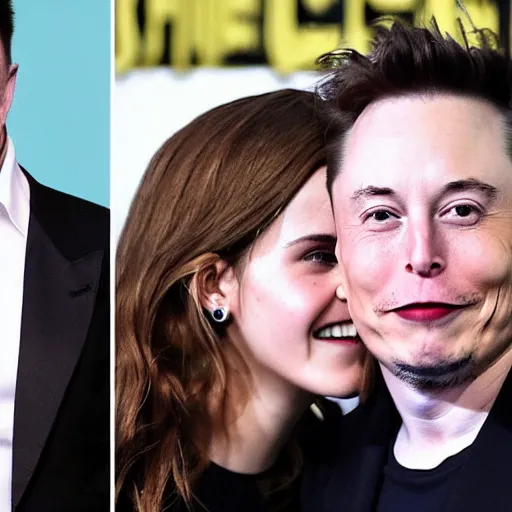 Image similar to emma watson and elon musk on a local newspaper caught kissing