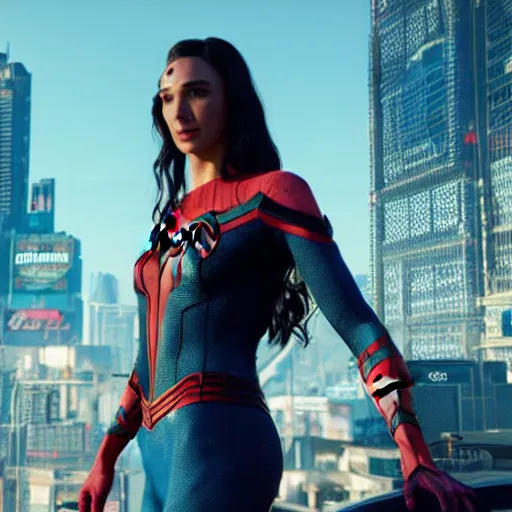 Image similar to a film portrait still of gal gadot as spider - man from cyberpunk 2 0 7 7 unreal engine. realism, cinematic lighting, highly detailed spider - man, 4 k. 8 mm. grainy. panavision.