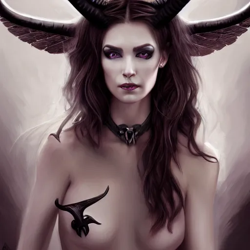 Prompt: perfectly - centered - portrait - photograph of evil fallen angel with long horns wearing a dress, the perfect human female specimen, intricate, elegant, super highly detailed, professional digital painting, artstation, concept art, smooth, sharp focus, no blur, no dof, extreme illustration, unreal engine 5, 8 k, by anne stokes