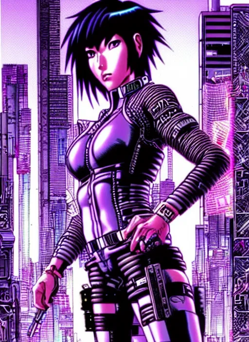 Image similar to motoko kusanagi in grungy cyberpunk megacity, intricate and finely detailed, cyberpunk vaporwave, portrait by j scott campbell