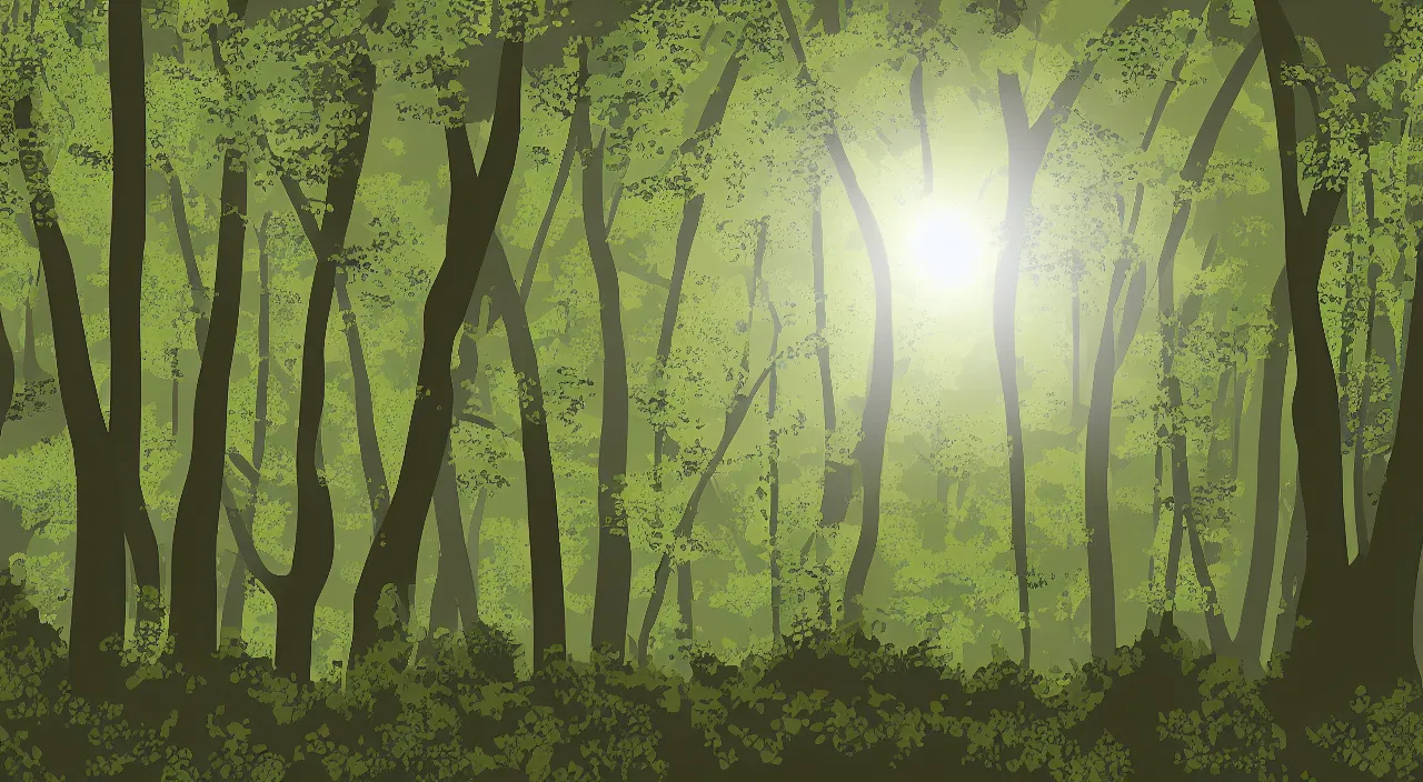 Image similar to vector art of the inside of a forest with sun rays shining through the trees, 4 k,