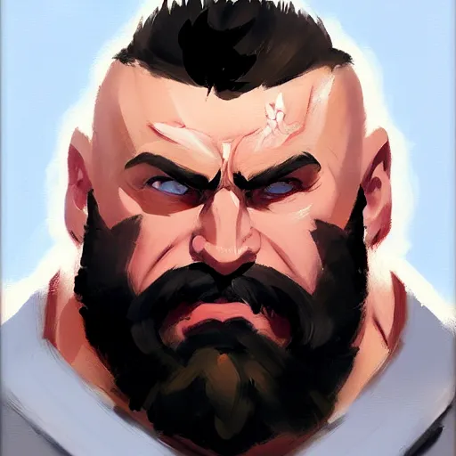 Image similar to Greg Manchess portrait painting of Zangief as Overwatch character, medium shot, asymmetrical, profile picture, Organic Painting, sunny day, Matte Painting, bold shapes, hard edges, street art, trending on artstation, by Huang Guangjian and Gil Elvgren and Sachin Teng