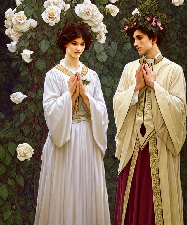 Prompt: two beautiful young catholic priests are in love in the church garden of roses, portrait, intricate, elegant, highly detailed, 20mm film, smooth, sharp focus, art by artgerm and greg rutkowski and alphonse mucha