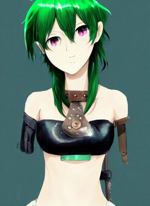 Image similar to green haired anime girl wearing a leather crop top, anime style, by makoto shinkai, by wenjun lin, digital drawing, gorgeous face, steampunk