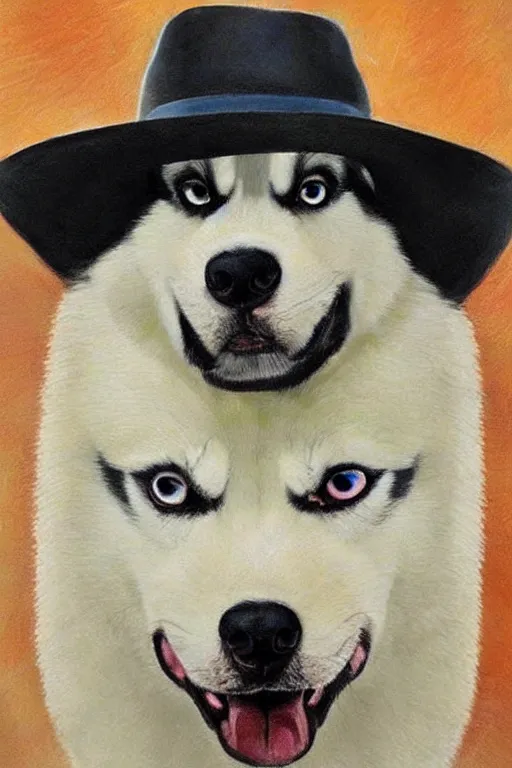 Image similar to a portrait painting of a husky in cowboy costume in the style of anime, character design, a fistful of dollars, per un pugno di dollari