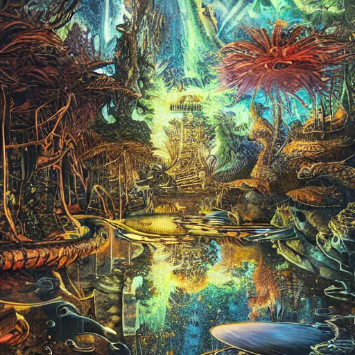 Prompt: insanely detailed, intricate ink illustration, prismatic holographic ink beautiful planet the journey darren arnofsky Kent williams junglepunk landscape oil painting