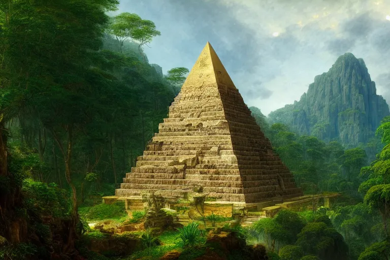 Prompt: a beautiful and highly detailed digital painting of a stone pyramid in the distance in a massive lush mountainous jungle, intricate details, epic scale, hyperdetailed, hyperrealism, artstation, cgsociety, 8 k, sharp focus, by caspar friedrich, albert bierstadt, james gurney,