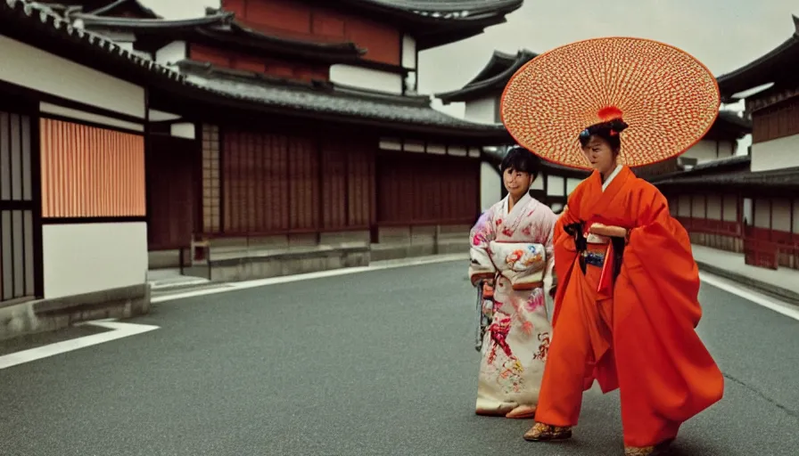 Image similar to movie still by alejandro jodorowsky of a beautiful day in kyoto japan, a girl wearing a gucci kimono is walking down the street, visible magic energy, costumes, parade floats, cinestill 8 0 0 t eastmancolor technicolor, high quality, very detailed, heavy grain, fine facial features, 8 k, octane render