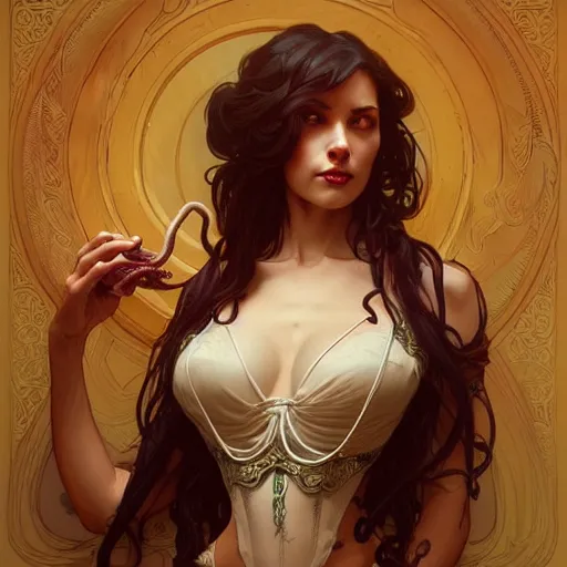 Image similar to an attractive young woman who has tentacles instead of arms, working at an old west saloon, fantasy, intricate, elegant, highly detailed, digital painting, artstation, concept art, matte, sharp focus, illustration, art by artgerm and greg rutkowski and alphonse mucha
