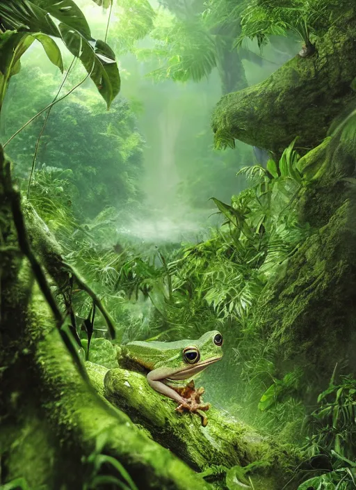 Image similar to a beautiful matte painting of a green frog in the jungle, kambo