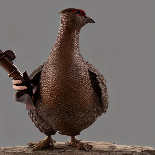 Image similar to a 3 d model of a grouse holding a blunderbuss, studio lighting, octane render, hyper detailed, product photography, 8 k, highly detailed