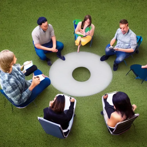 Image similar to a group of adults playing games on their phones while sitting in circle, unreal engine