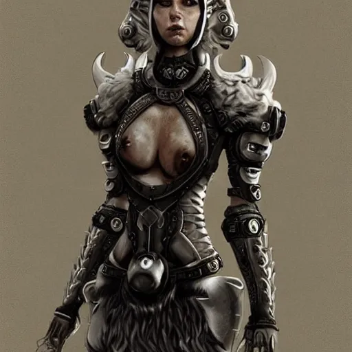 Image similar to a mechanized version of a norse woman, facial piercings, very symmetrical, furry warrior's bone clothing, highly detailed, by vitaly bulgarov, joss nizzi, ben procter, steve jung, concept art, concept art world, pinterest, artstation, unreal engine