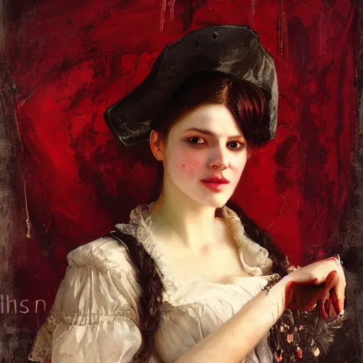 Prompt: Solomon Joseph Solomon and Richard Schmid and Jeremy Lipking victorian genre painting portrait painting of a happy young beautiful woman sorcerous traditional german french actress model pirate wench in fantasy costume, red background