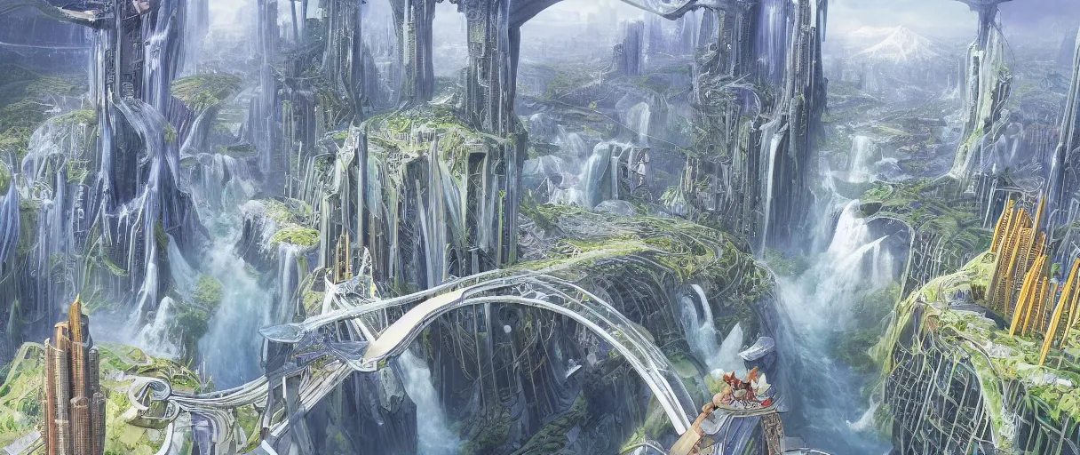 Image similar to A beautiful illustration of a futuristic city of bridges built on a world of waterfalls by Robert McCall and Ralph McQuarrier | sparth:.2 | Time white:.2 | Rodney Matthews:.2 | Graphic Novel, Visual Novel, Colored Pencil, Comic Book:.6 | unreal engine:.3 | | viewed from above | establishing shot:.7