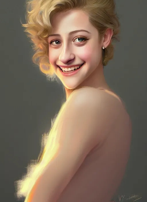 Image similar to portrait of lili reinhart with fluffy bangs, smiling kindly, bangs, 1 9 6 0 s, ponytail, curly bangs and ponytail, rounder face, intricate, elegant, glowing lights, highly detailed, digital painting, artstation, concept art, smooth, sharp focus, illustration, art by wlop, mars ravelo and greg rutkowski