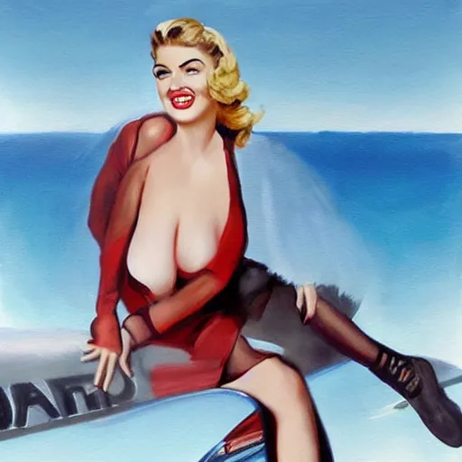 Prompt: Fully-clothed full-body portrait of Kate Upton as a pinup painting on world war II bomber