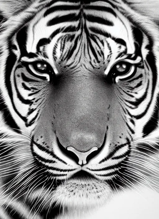 Image similar to a black and white photo of a tiger, a photorealistic painting by christian w. staudinger, behance, hyperrealism, hyper realism, majestic, wallpaper