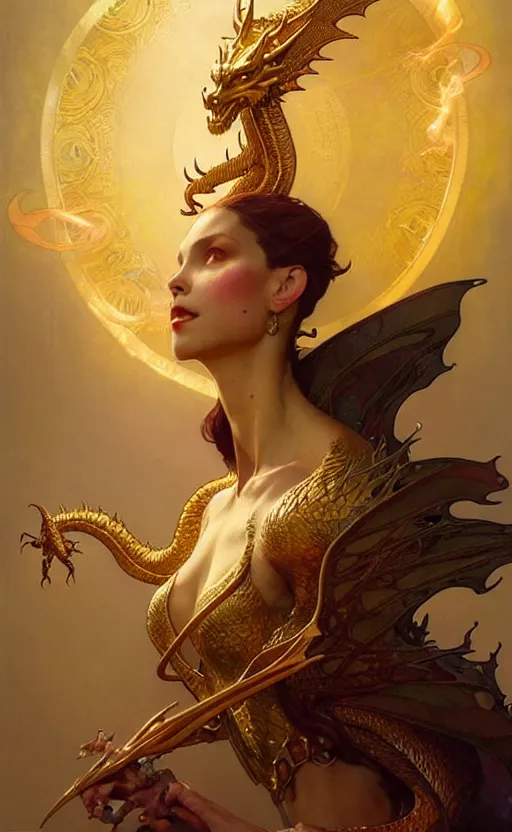 Image similar to magic gold dragon gorgeous lighting by weta studio, mucha, bautista and norman rockwell and greg rutkowski and tom bagshaw and james gurney and lucasfilm