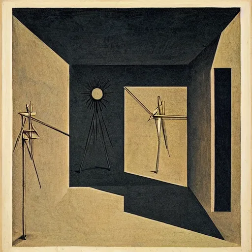 Image similar to a parade of disconnected images : obscure corners of nameless interiors, astronomical diagrams projecting the distances between celestial bodies, a painting by giorgio de chirico, a list of unpopular anagrams.