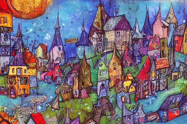 Image similar to a small fantasy town, mixed media on canvas, 2 d, whimsical,