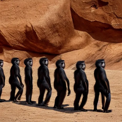 Image similar to Contamporary art photography of ultra mega super hyper realistic detailed group of monkey's that wears suits standing around very highly detailed Obsidian monolith in the desert