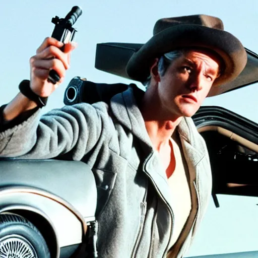 Prompt: a movie where the main protagonist is a delorean with a gun on the run