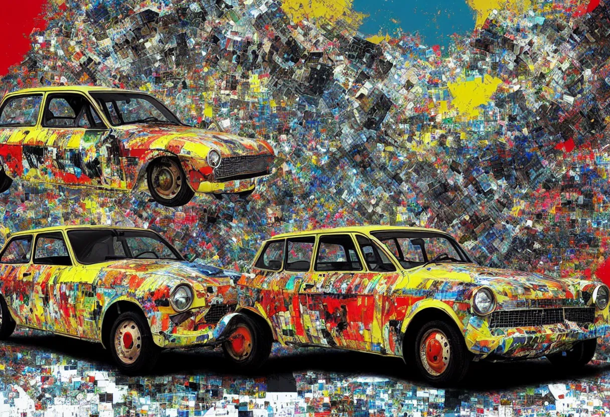 Prompt: yugo car against concrete wall as pop art, matte painting, hyperdetailed, coherent, art nouveau, beautiful render, concept art by mimmo rotella and paul robertson