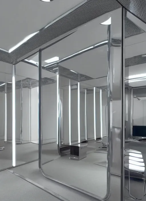 Prompt: a futuristic sci - fi room with mirrored walls