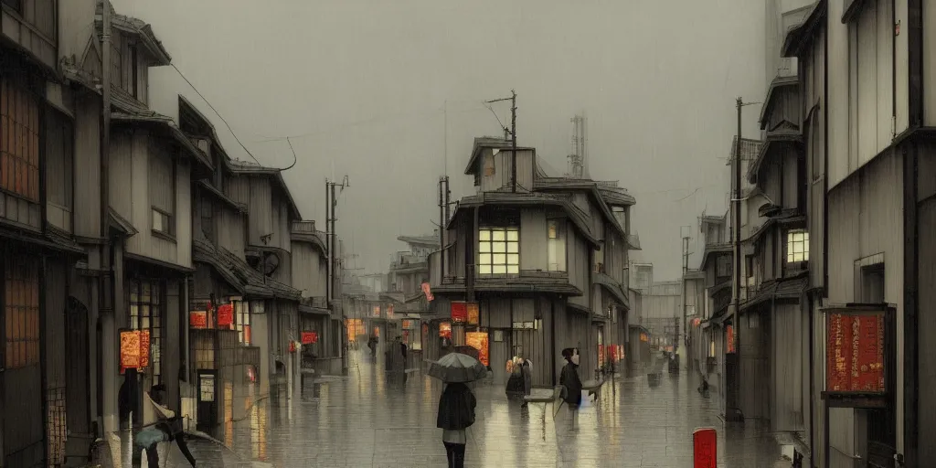 Prompt: a typical japanese city street in the rain, vermeer painting, dark academia aesthetic, matte painting, photorealistic, grey overcast day, by gerard brom