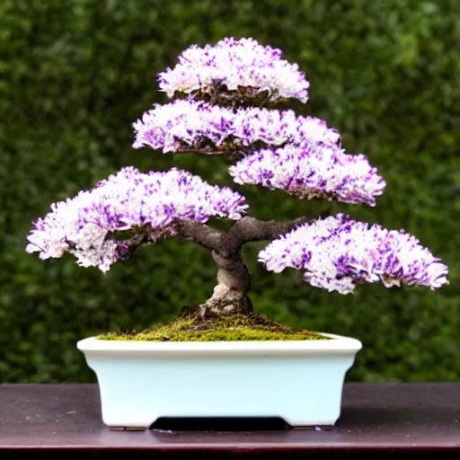 Prompt: a single flower, white and violet bonsai lily