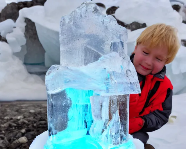 Prompt: ice sculpture. there is a little blonde boy trapped in the figurine made of ice. antartica